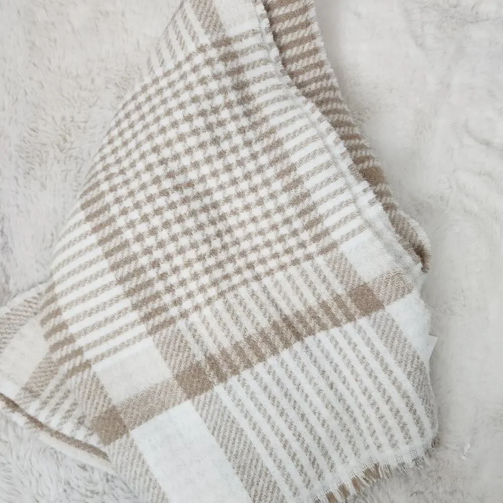 J.Crew Reversible Marled Plaid Chunky Fringe Scarf Tan Cream Off White NWT BU729